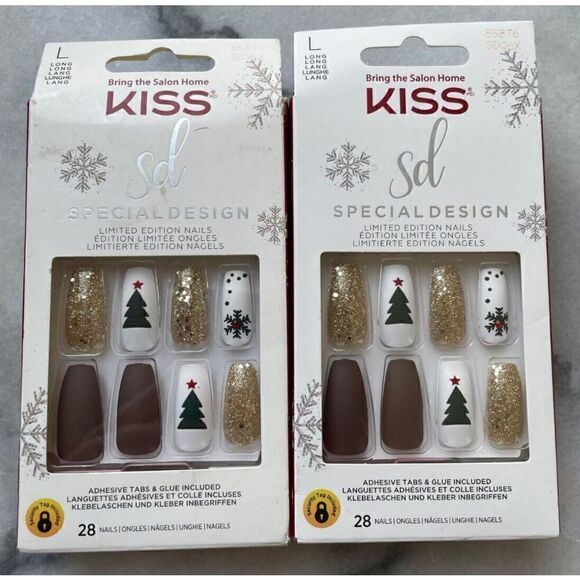 KISS Special Design Limited Edition Nails Long Gold Christmas Tree Nails SD06X - Picture 1 of 2